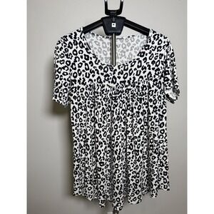 Longyuan Babydoll Top Womens 3XL Black White Leopard Print Pleated Short Sleeve